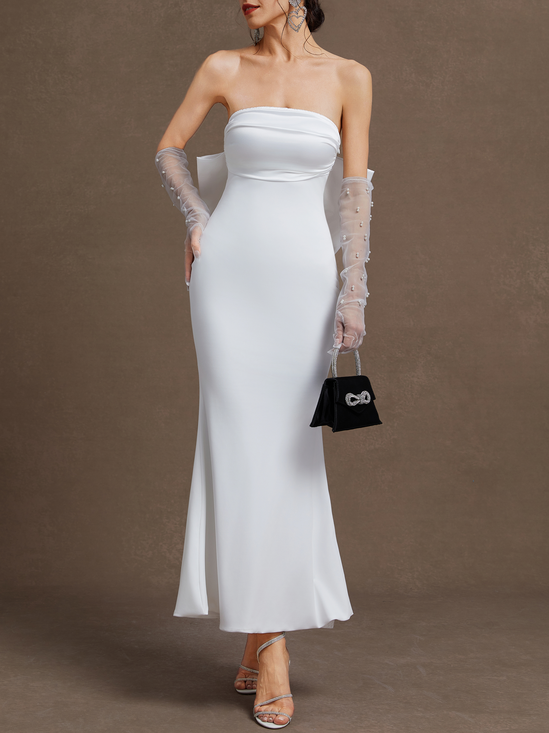 White Bow Classic Strapless Sleeveless Sheath Midi Dress