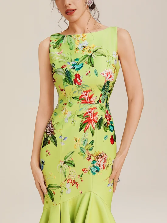 Green Floral Boat Neck Sleeveless Mermaid Midi Dress
