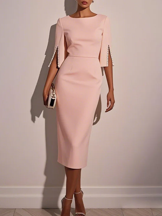 White Imitation Pearls Classic Crew Neck Half Sleeve Sheath Midi Dress