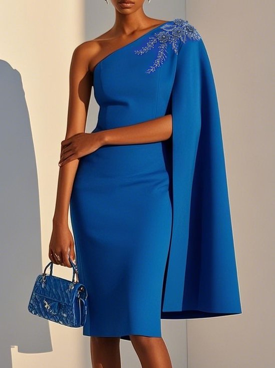 Blue Lace Classic One Shoulder Sleeveless Sheath Midi Dress