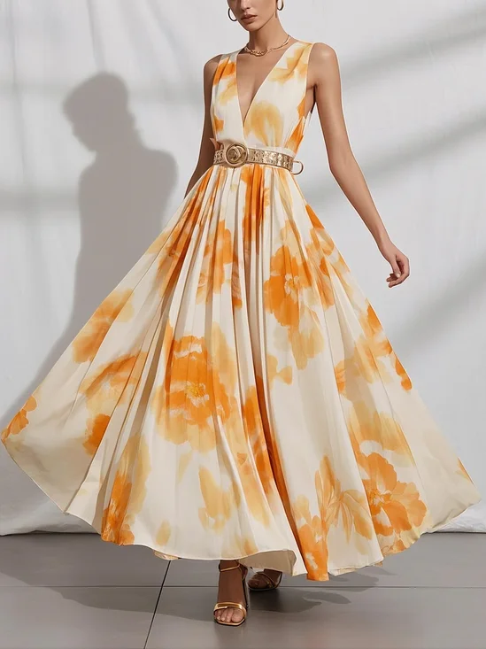 Yellow Chiffon V Neck Sleeveless A-Line Maxi Dress