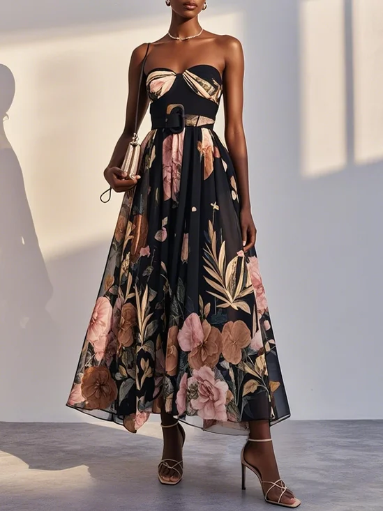 Black Floral Chiffon Strapless Sleeveless A-Line Midi Dress