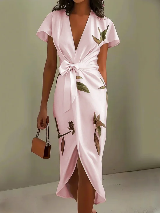 Pink Floral Satin V Neck Cap Sleeve Sheath Midi Dress