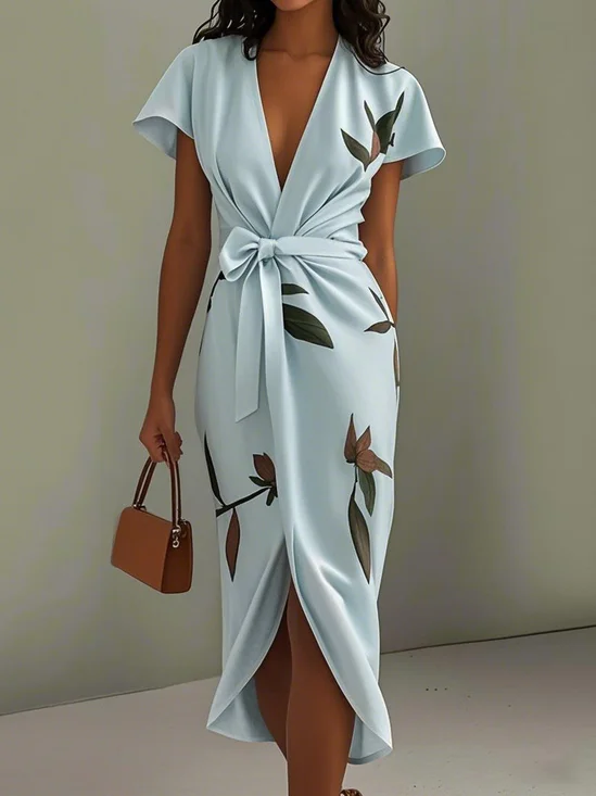 Light Blue Printing Satin V Neck Cap Sleeve Sheath Midi Dress
