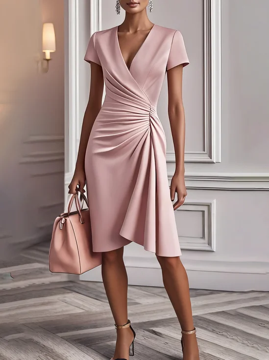 Pink Irregular Craftsmanship Ruched A-Line Midi Dress
