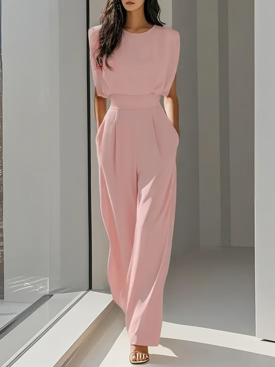 Pink Crew Neck Plain Ruched Urban Jumpsuit 