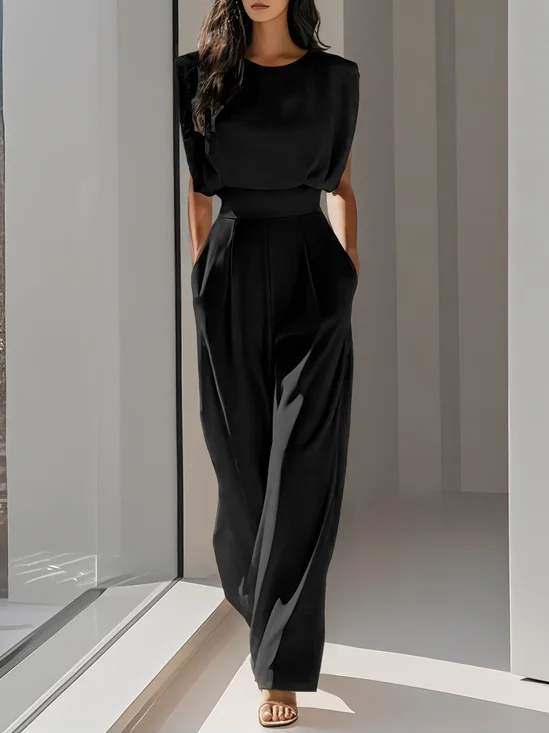 Black Crew Neck Plain Ruched Urban Jumpsuit 