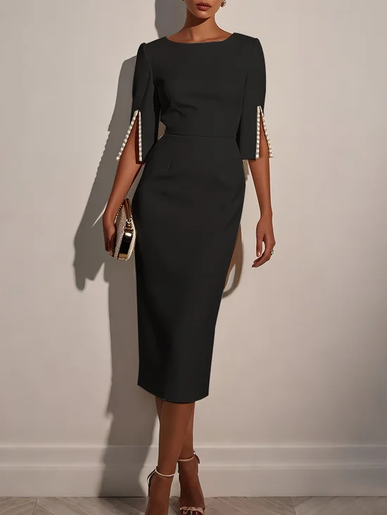 White Imitation Pearls Classic Crew Neck Half Sleeve Sheath Midi Dress