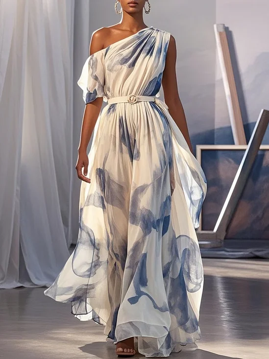 Blue Slit Chiffon One Shoulder Short Sleeve A-Line Maxi Dress