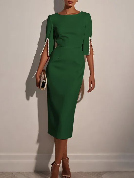 White Imitation Pearls Classic Crew Neck Half Sleeve Sheath Midi Dress