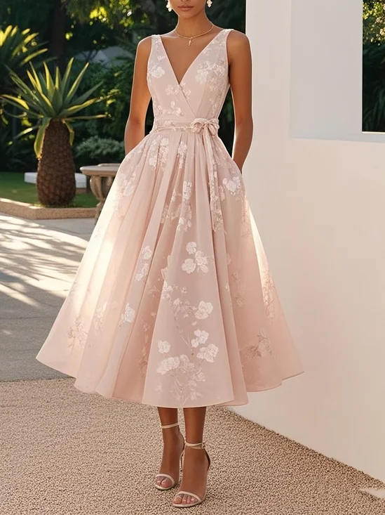 Light Pink Jacquard V Neck Sleeveless A-Line Midi Dress