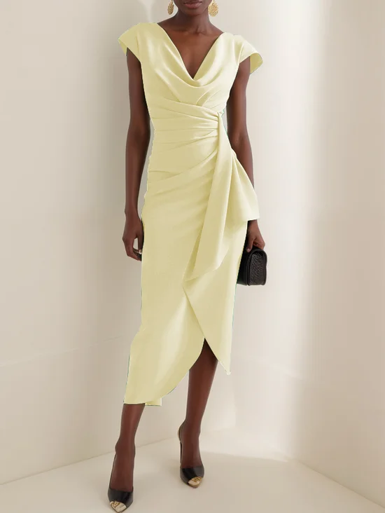 Green Cowl Neck Ruched Cap Sleeve Sheath Midi Dress