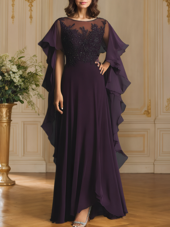 Purple Embroidery Buckle Classic Crew Neck Extra-long Sleeve A-Line Maxi Dress