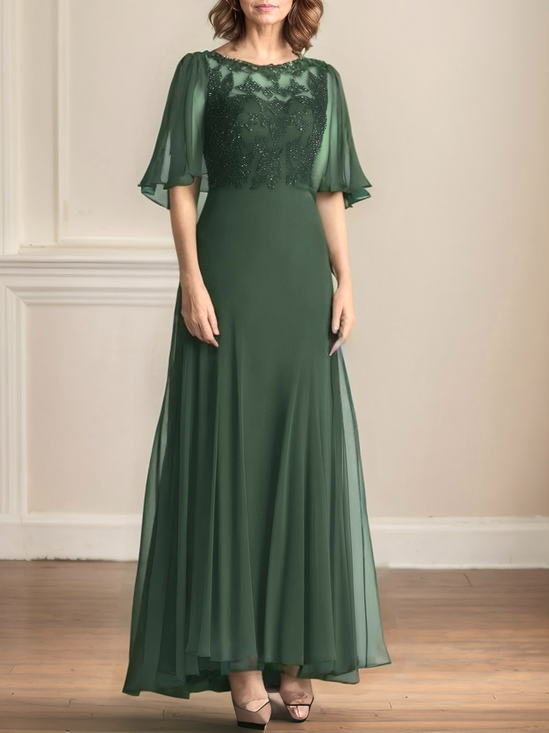 Green Embroidery Buckle Classic Crew Neck Short Sleeve A-Line Maxi Dress