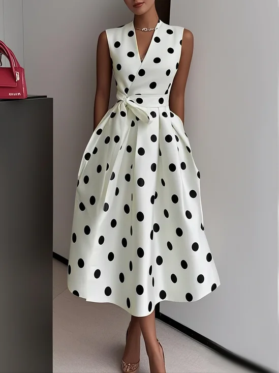 White Satin V Neck Sleeveless A-Line Midi Dress