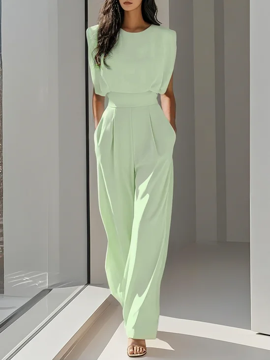 Lightgreen Crew Neck Plain Ruched Urban Jumpsuit 
