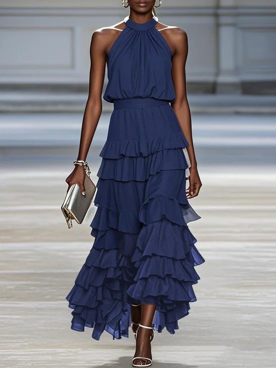 Purplish Blue Peplum Chiffon Halter Sleeveless A-Line Maxi Dress