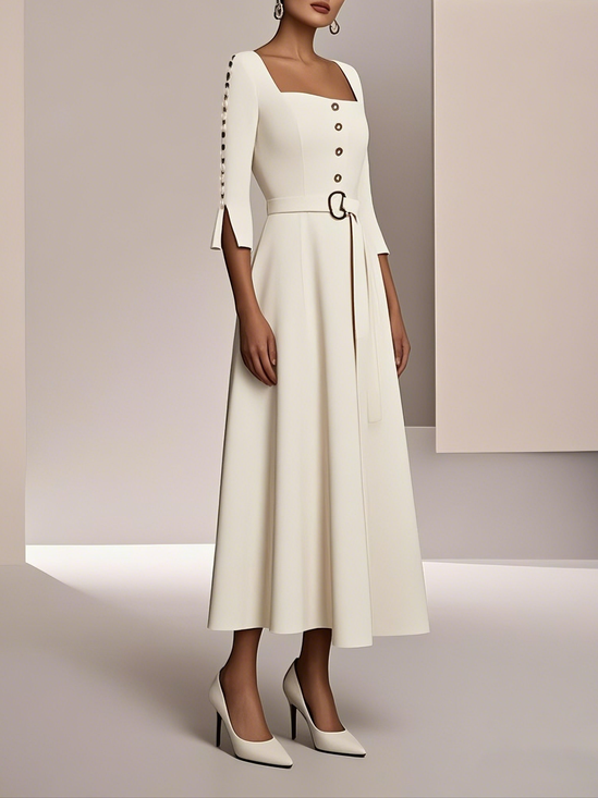 Off White Imitation Pearls Square Neck A-Line Maxi Dress
