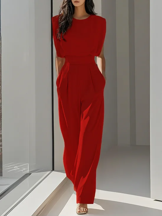 Red Crew Neck Plain Ruched Urban Jumpsuit 