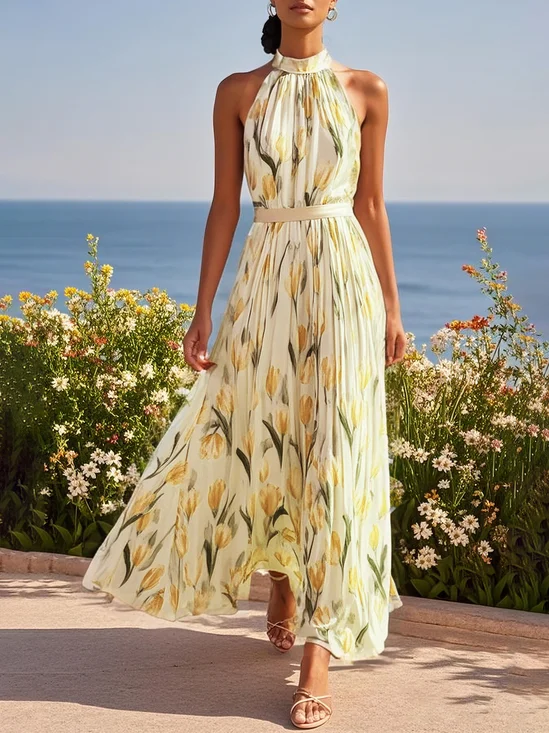 Pink Floral Chiffon Halter Sleeveless A-Line Maxi Dress
