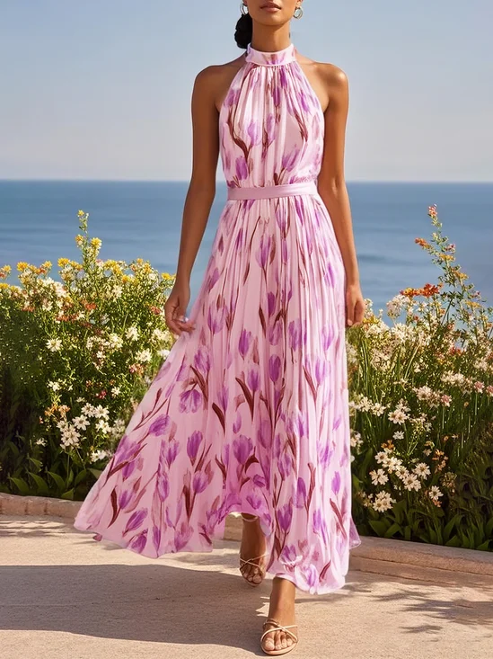 Pink Floral Chiffon Halter Sleeveless A-Line Maxi Dress