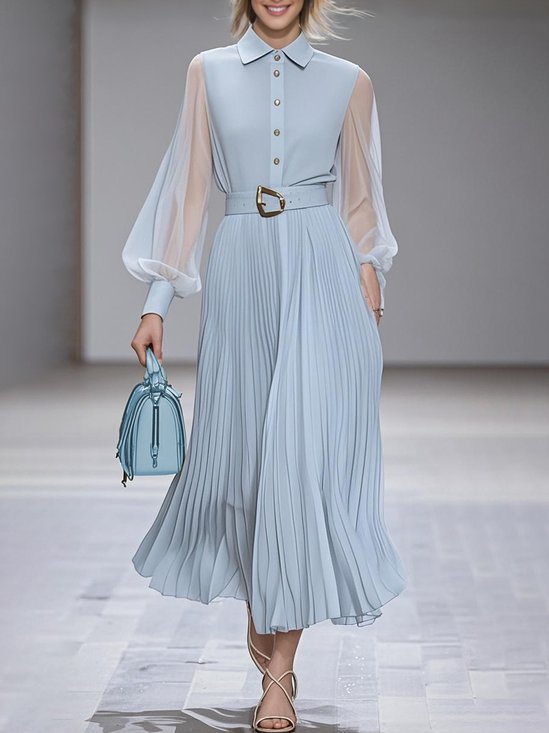 Light Blue Shirt Collar Long Sleeve A-Line Maxi Chiffon Pleated Dress