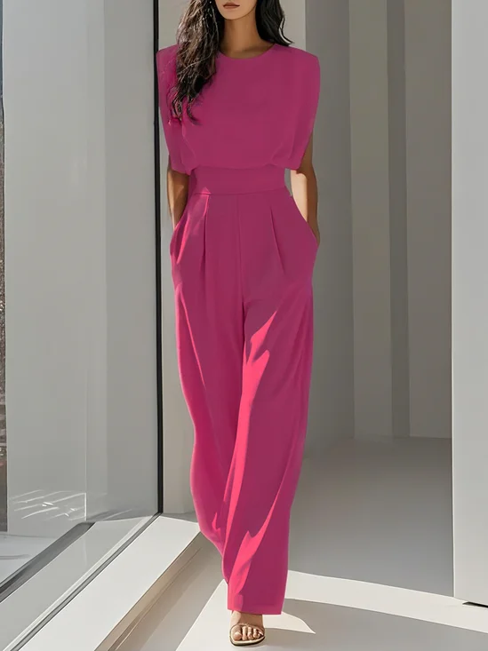 Rose Red Crew Neck Plain Ruched Urban Jumpsuit 