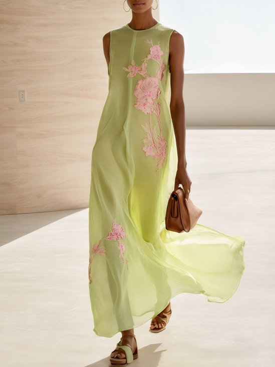 Yellow Embroidery Classic Crew Neck Sleeveless A-Line Maxi Dress