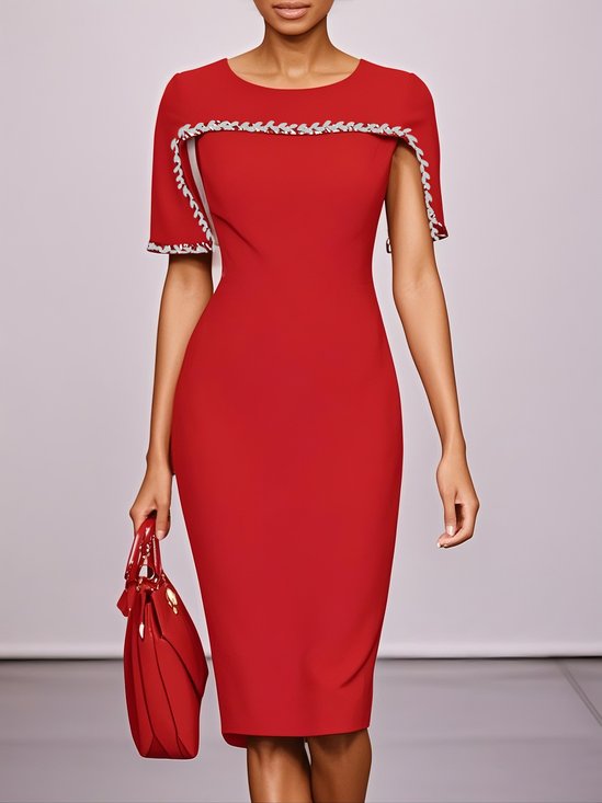Red Rhinestone Crew Neck Sheath Midi Dress