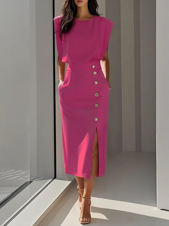 Off White Button Side-Slit Classic Crew Neck Sleeveless Sheath Midi Dress