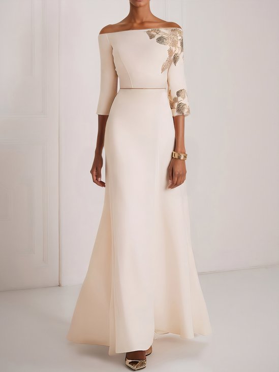 White Embroidery Classic Off The Shoulder Half Sleeve A-Line Maxi Dress