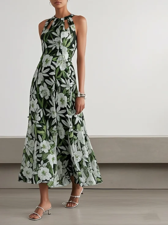 Green Cut Out Floral A-Line Maxi Chiffon Dress