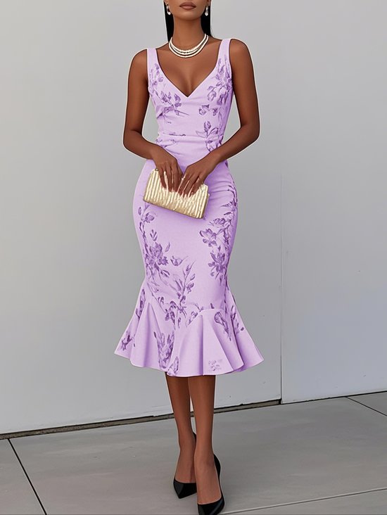 Pink Floral Mermaid Skirt V Neck Sleeveless Mermaid Midi Dress