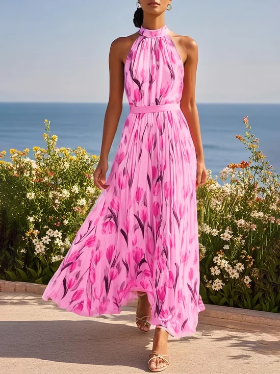 Pink Floral Chiffon Halter Sleeveless A-Line Maxi Dress