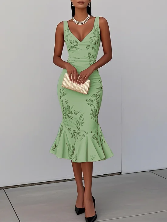 Pink Floral Mermaid Skirt V Neck Sleeveless Mermaid Midi Dress