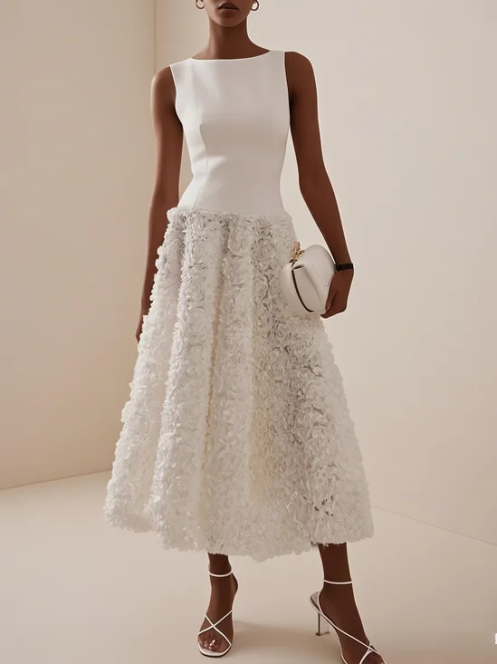 White 3D Floral Boat Neck A-Line Midi Dress