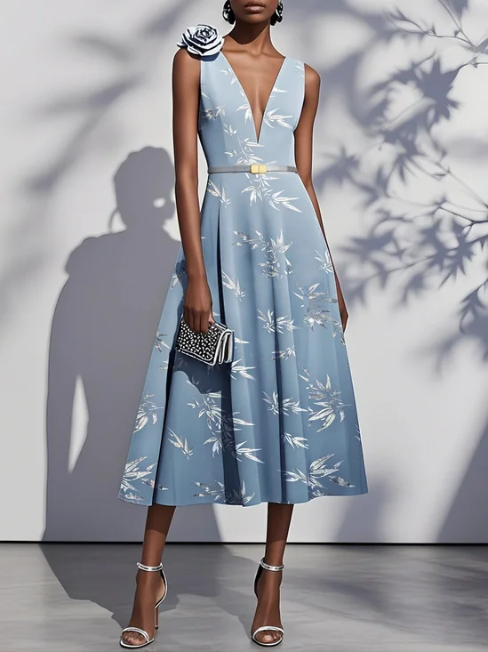 Light Blue 3D Floral Chiffon V Neck Sleeveless A-Line Maxi Dress
