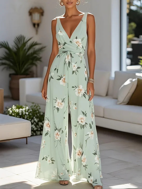 Lightgreen Floral V Neck Regular Fit Chiffon Jumpsuit