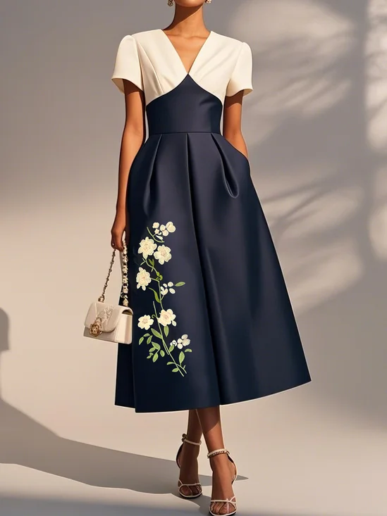 Navy Blue Embroidery Satin V Neck Short Sleeve A-Line Midi Dress