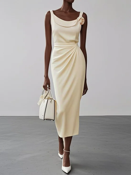 White 3D Floral Ruched Classic Crew Neck Sleeveless Sheath Midi Dress