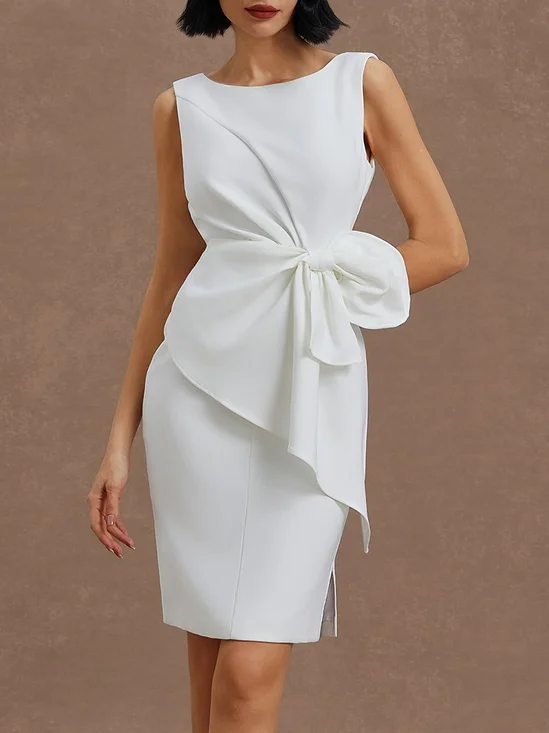 White Bow Asymmetric Classic Boat Neck Sleeveless Sheath Midi Dress