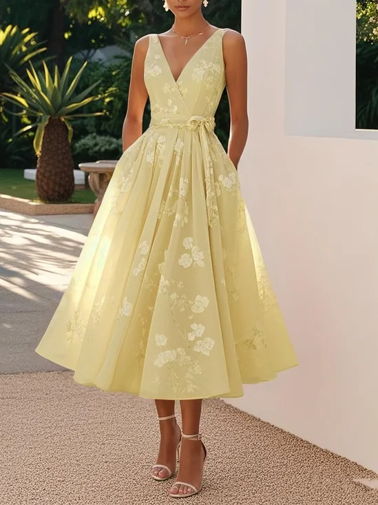 Light Pink Bow Embroidery Classic V Neck Sleeveless A-Line Midi Dress