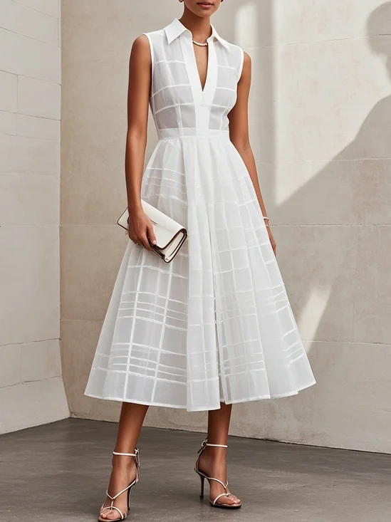 White Shirt Dress Shirt Collar Sleeveless A-Line Midi Dress