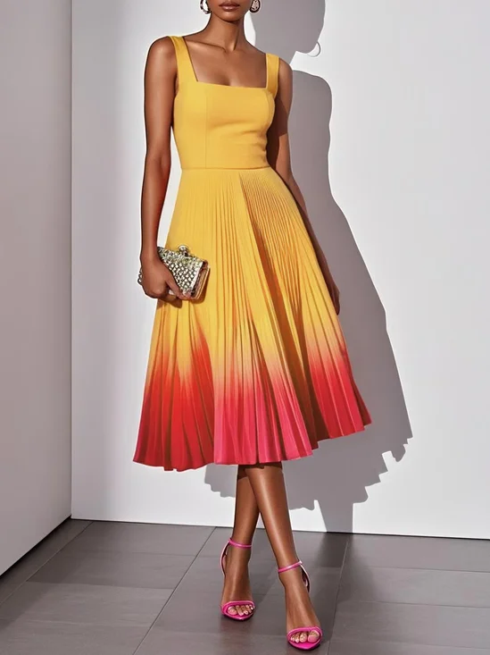 Orange Ombre Pleated Classic Square Neck Sleeveless A-Line Midi Dress