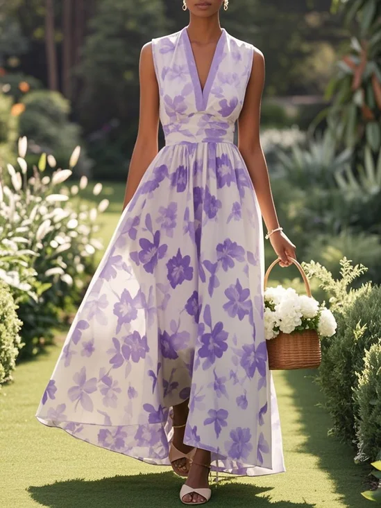 Lavender Purple Floral Chiffon V Neck Sleeveless A-Line Maxi Dress