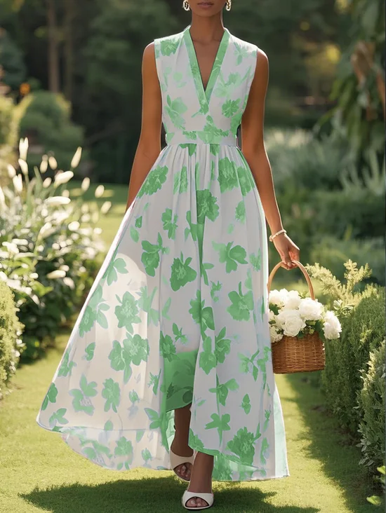Light Blue Chiffon Floral V Neck Sleeveless A-Line Maxi Dress