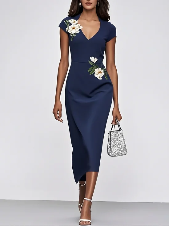 Purplish Blue Embroidery Applique Sheath Midi Dress