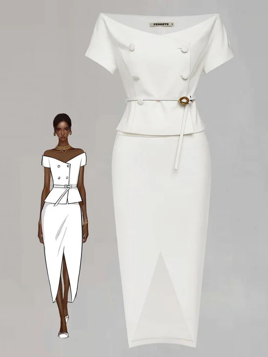Women White Sash Off The Shoulder Short Sleeve Two-Piece Set