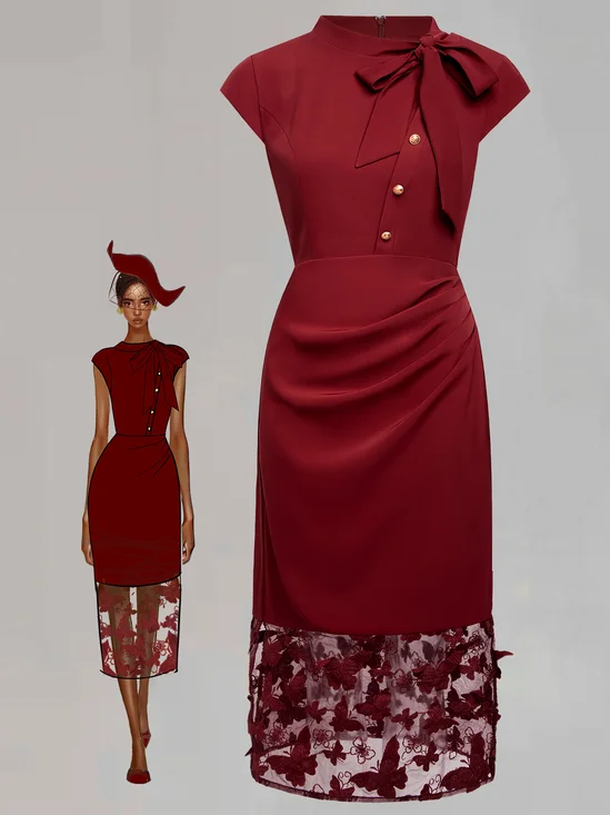 Wine Red Butterfly Lace Crew Neck Cap Sleeve Sheath Midi Dress