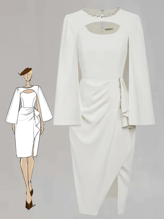 White Rhinestone Crew Neck Ruffled Sheath Two-piece Dresses